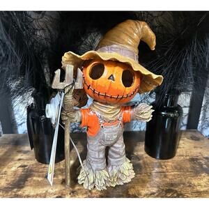 Pumpkin Skeleton Scarecrow with Pitchfork Orange Brown LED